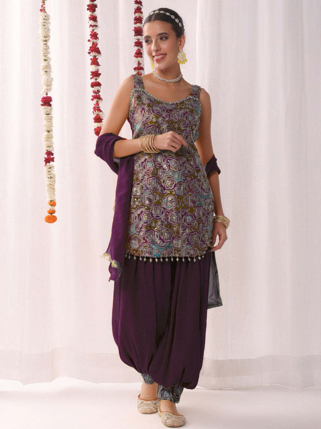 Multicolor Resham Embroidered Kurta Set with Harem Pants and Tasseled Curved Hemline