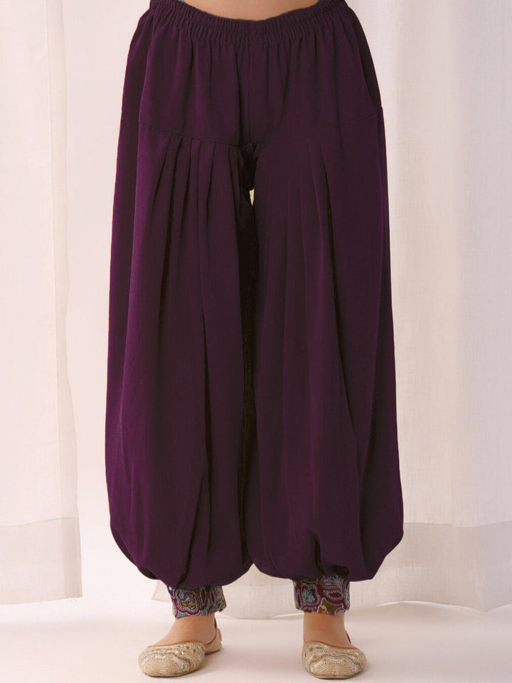 Multicolor Resham Embroidered Kurta Set with Harem Pants and Tasseled Curved Hemline