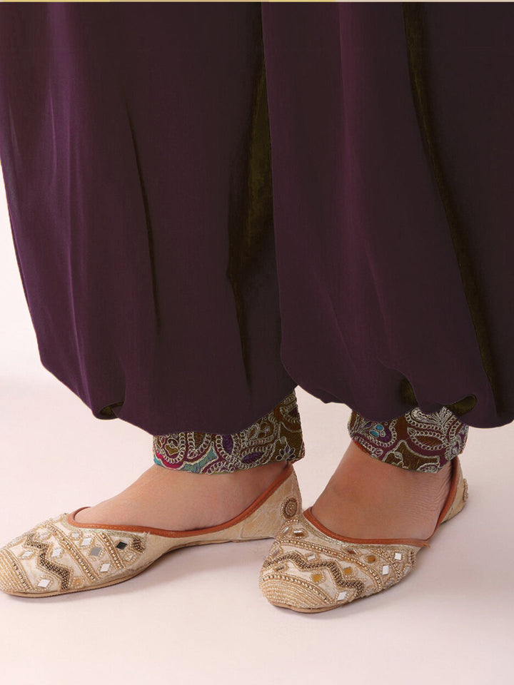 Multicolor Resham Embroidered Kurta Set with Harem Pants and Tasseled Curved Hemline