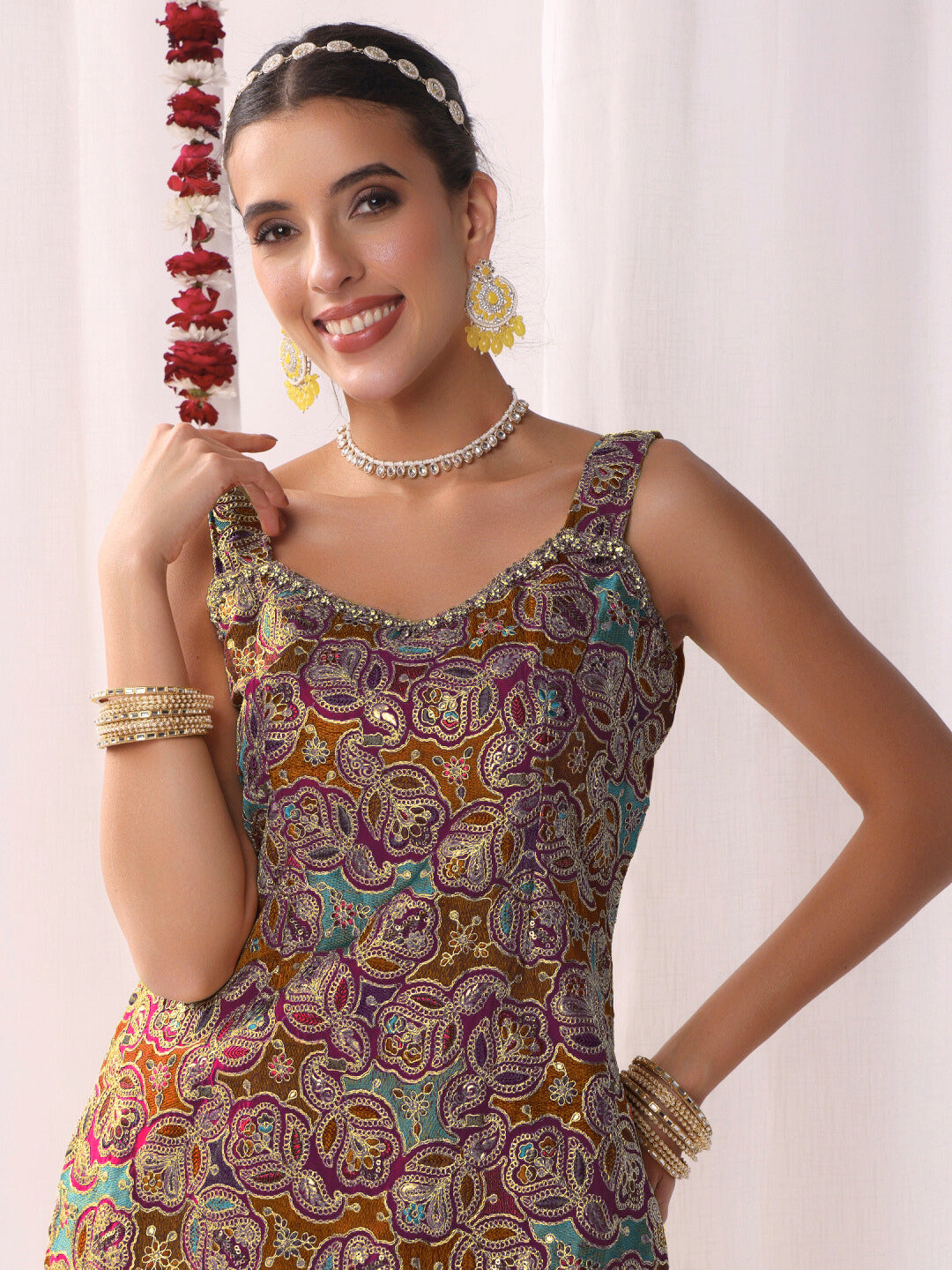 Multicolor Resham Embroidered Kurta Set with Harem Pants and Tasseled Curved Hemline