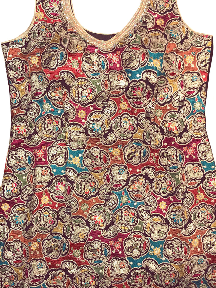 Multicolor Resham Embroidered Kurta Set with Harem Pants and Tasseled Curved Hemline