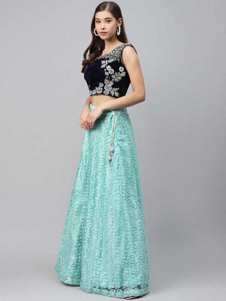 Floral Resham Embroidery Lehenga Set with Velvet Blouse, Frills & Crystal Embellishment