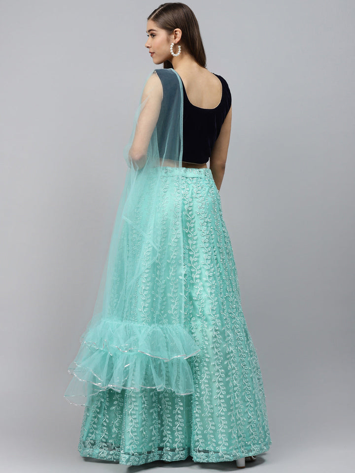 Floral Resham Embroidery Lehenga Set with Velvet Blouse, Frills & Crystal Embellishment