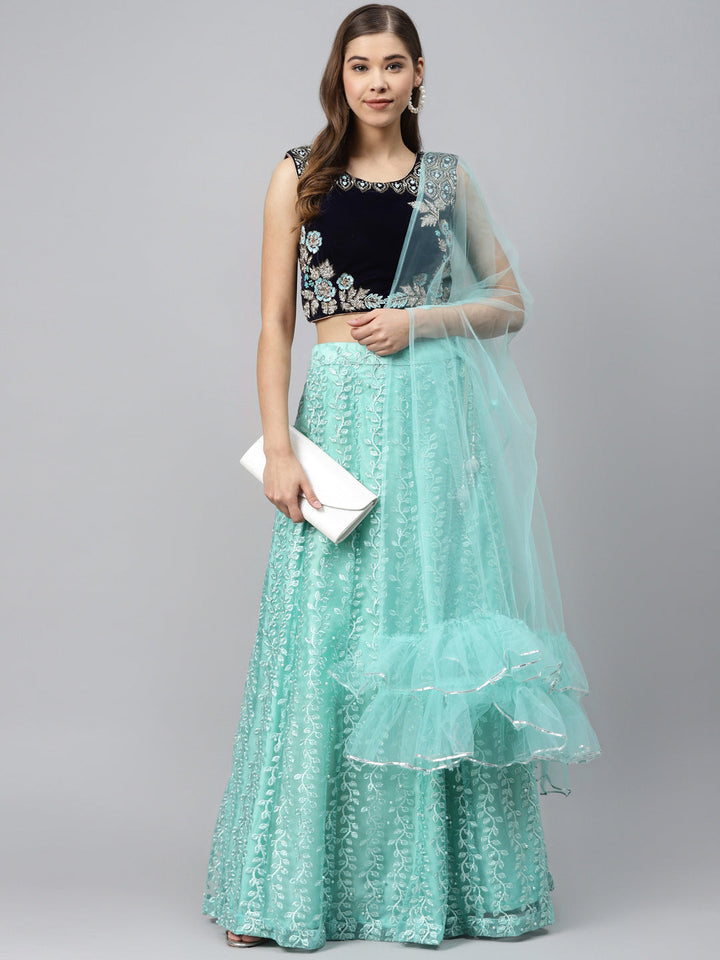 Floral Resham Embroidery Lehenga Set with Velvet Blouse, Frills & Crystal Embellishment