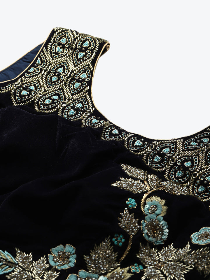 Floral Resham Embroidery Lehenga Set with Velvet Blouse, Frills & Crystal Embellishment