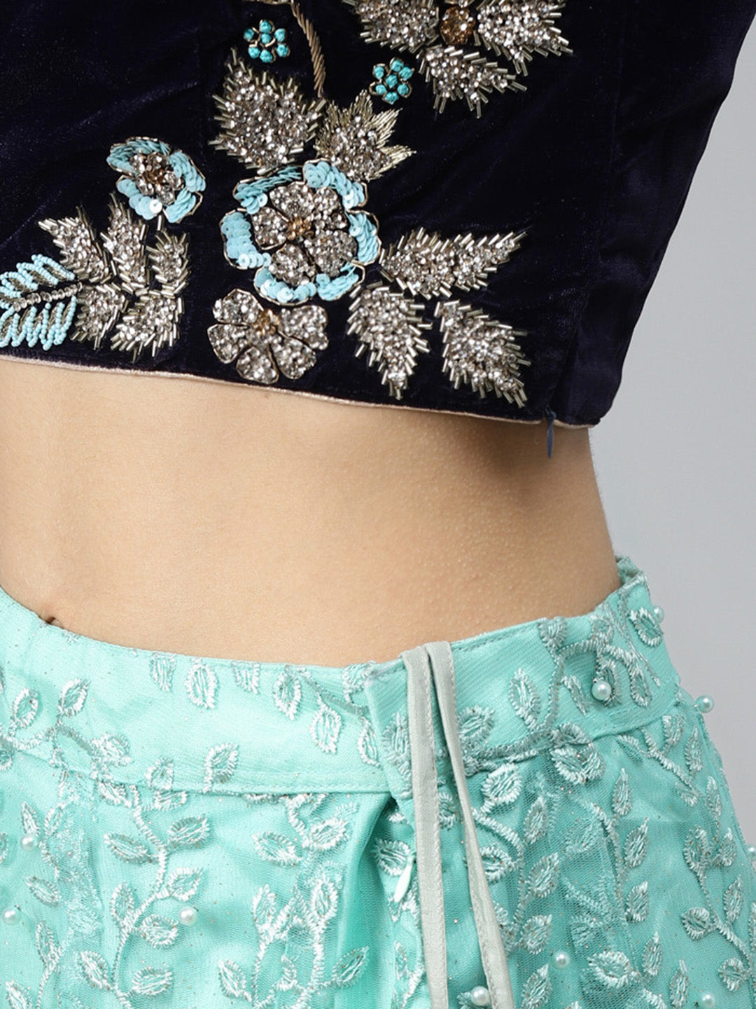 Floral Resham Embroidery Lehenga Set with Velvet Blouse, Frills & Crystal Embellishment
