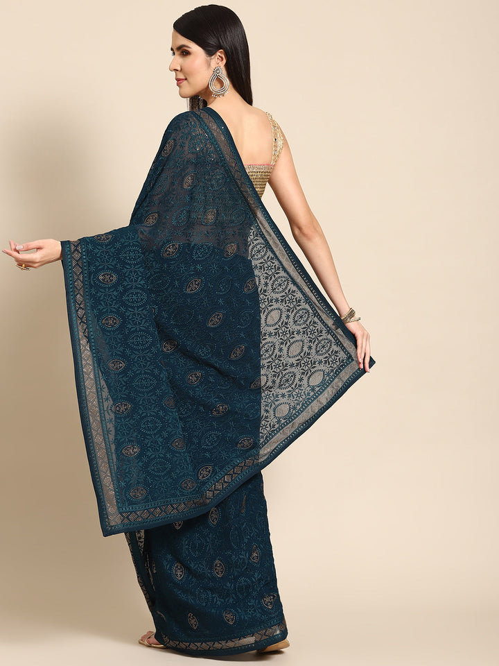 Bottle Green Floral Crystal Embellished Georgette Saree