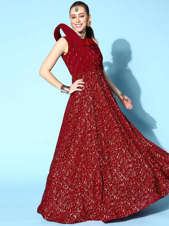 Maroon Foil Print Embellished Flared Long Party Wear Cocktail Gown