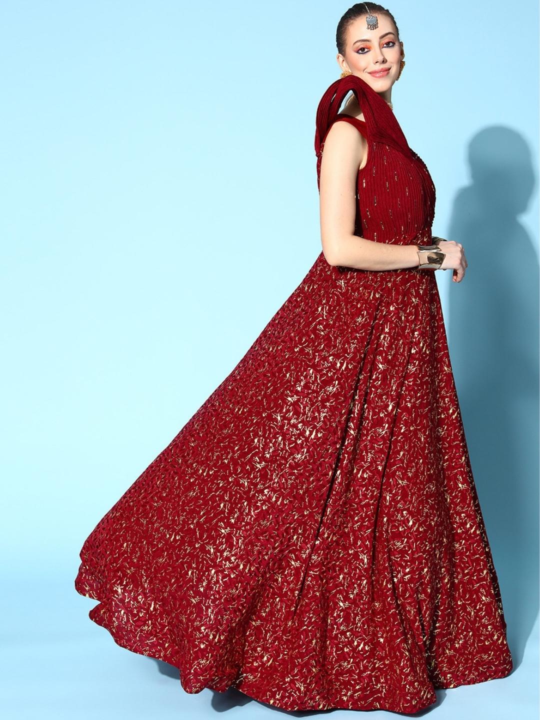 Maroon Foil Print Embellished Flared Long Party Wear Cocktail Gown