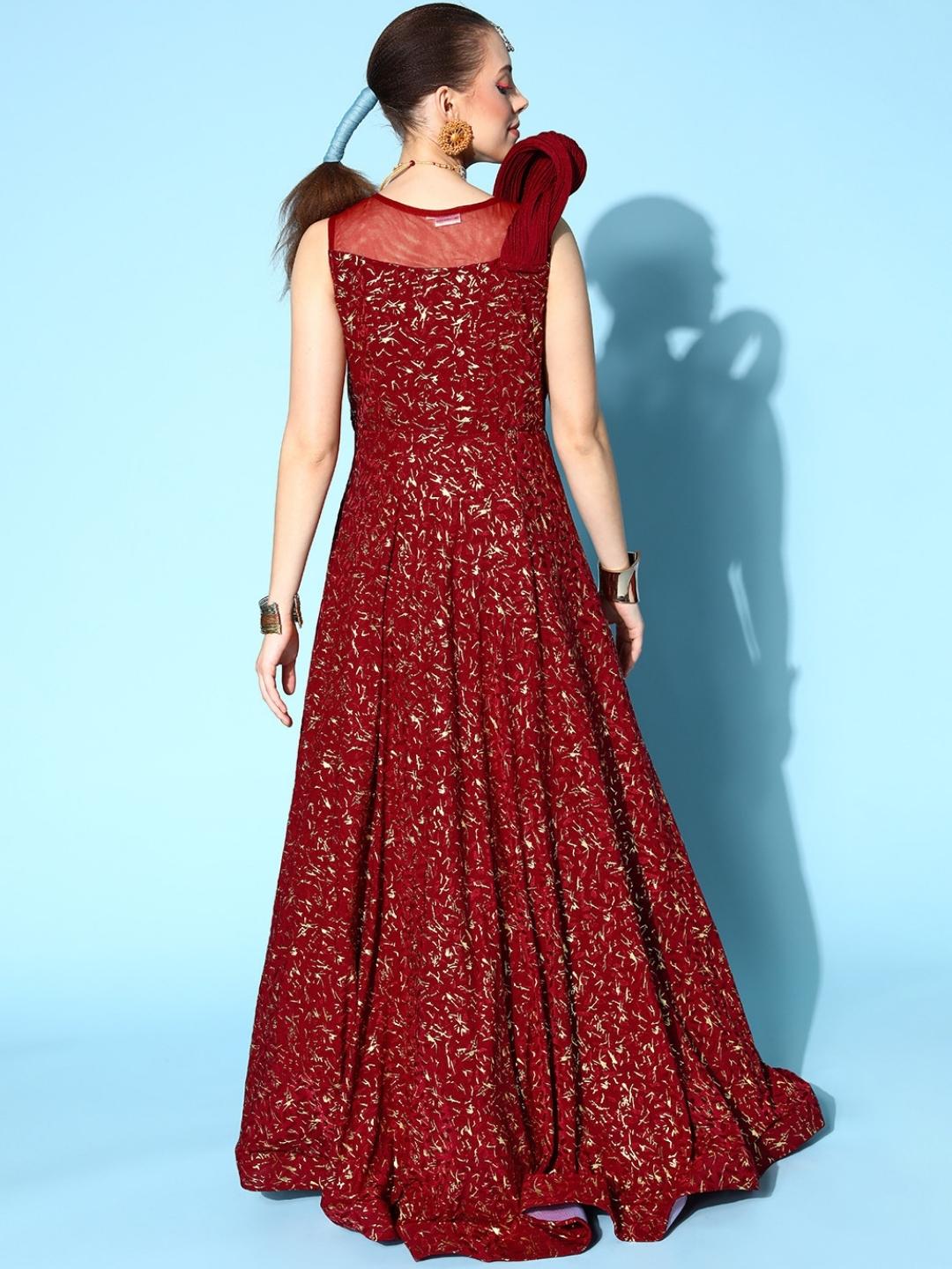 Maroon Foil Print Embellished Flared Long Party Wear Cocktail Gown
