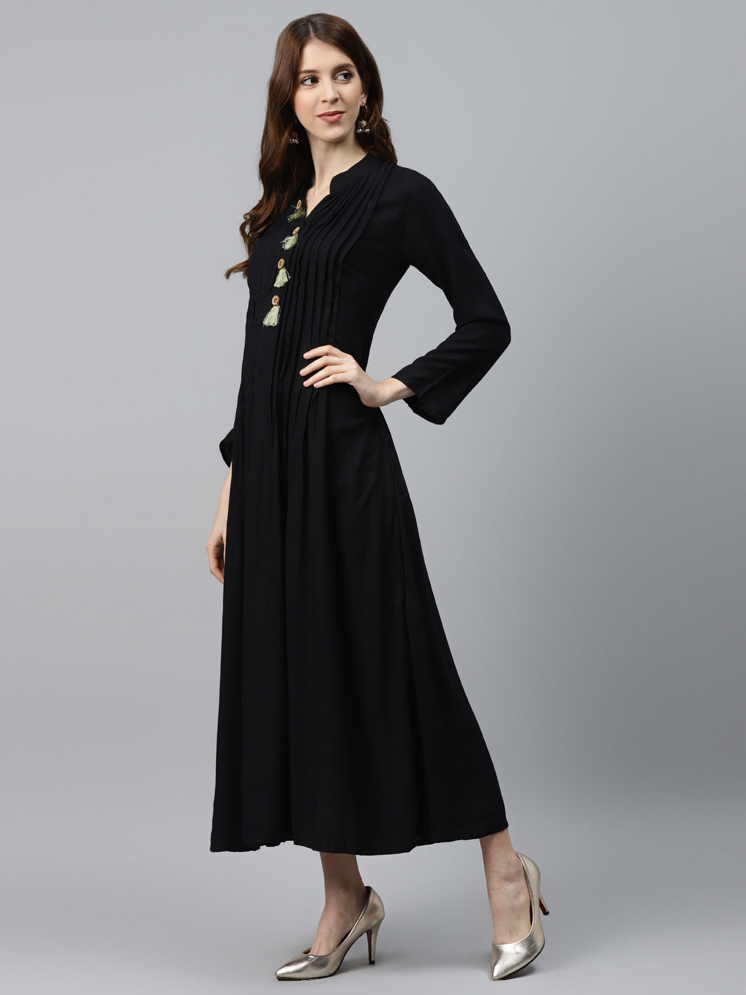 Made to Measure Pintucked Long Dress with Wooden Tassels Buttons & Kalamkari Print Scarf