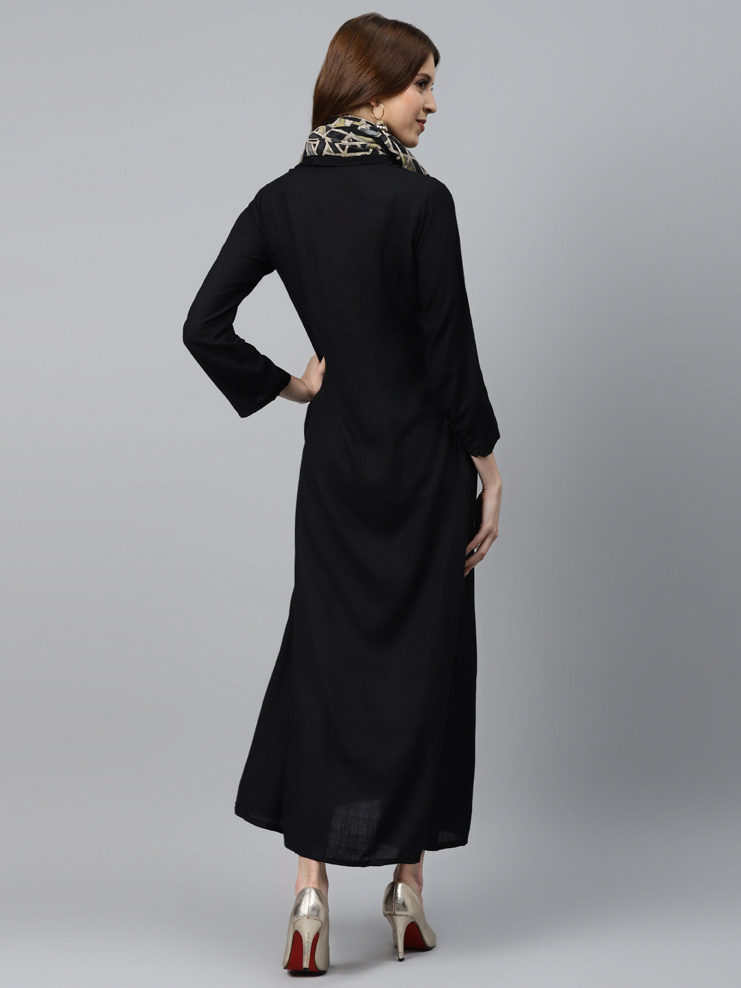 Made to Measure Pintucked Long Dress with Wooden Tassels Buttons & Kalamkari Print Scarf