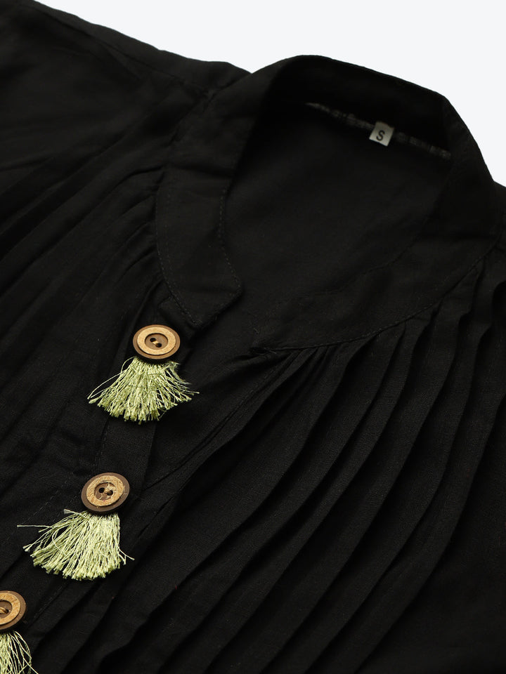 Made to Measure Pintucked Long Dress with Wooden Tassels Buttons & Kalamkari Print Scarf