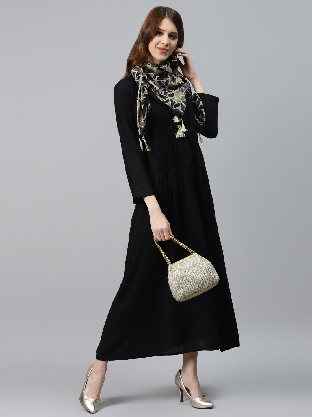 Made to Measure Pintucked Long Dress with Wooden Tassels Buttons & Kalamkari Print Scarf
