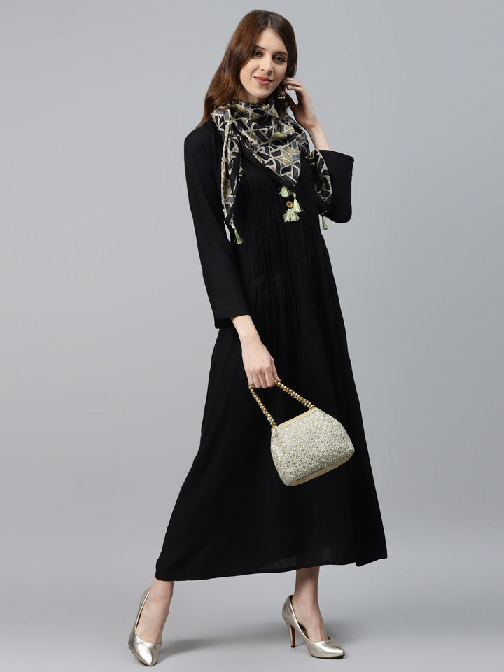 Made to Measure Pintucked Long Dress with Wooden Tassels Buttons & Kalamkari Print Scarf