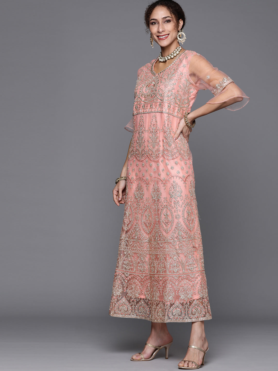 Pink Zari Embroidery Floor Length Net Gown Dupatta & Bell sleeves