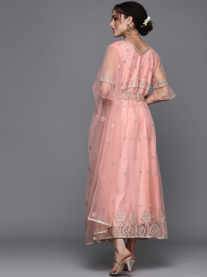 Pink Zari Embroidery Floor Length Net Gown Dupatta & Bell sleeves