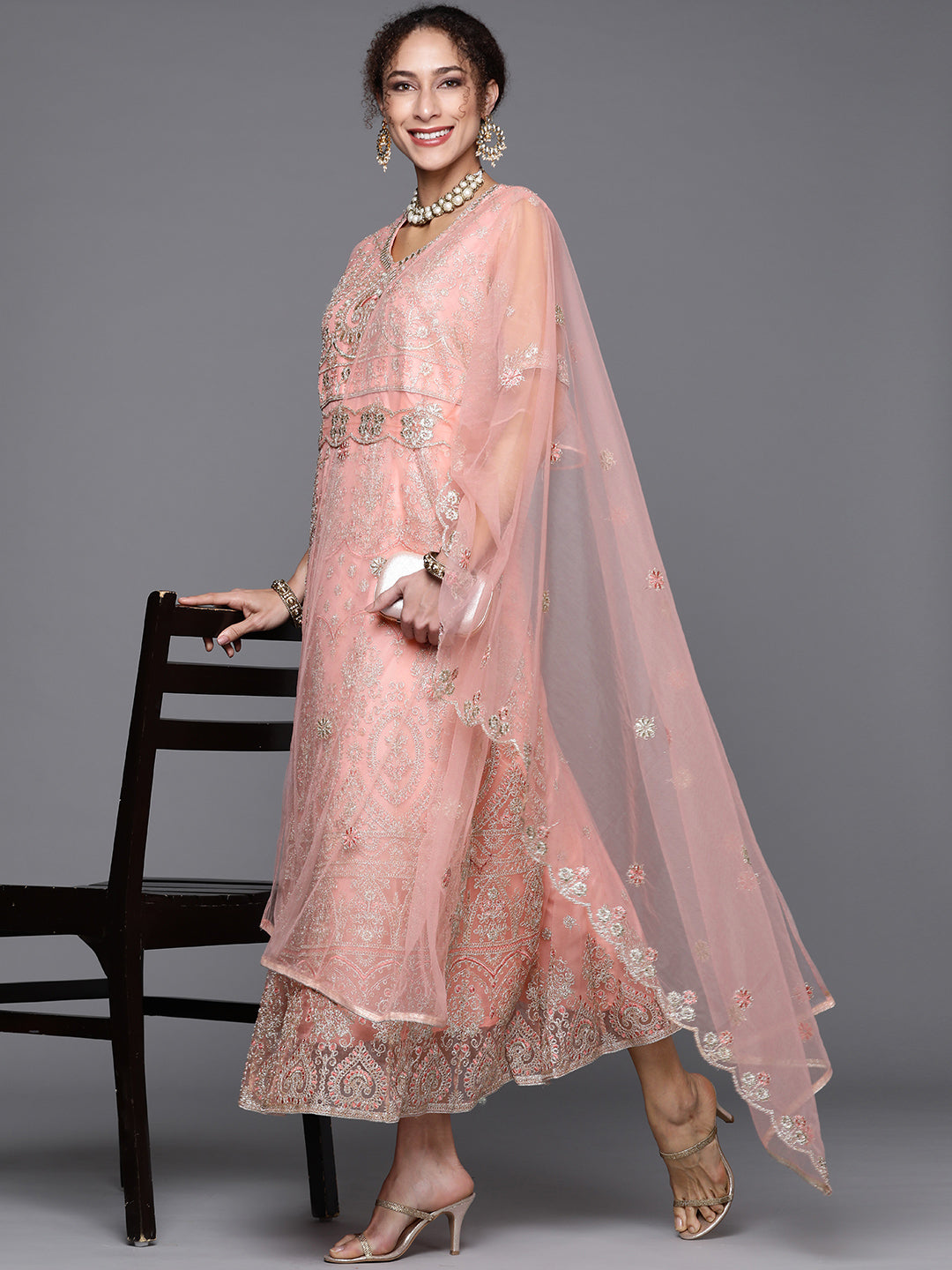 Pink Zari Embroidery Floor Length Net Gown Dupatta & Bell sleeves