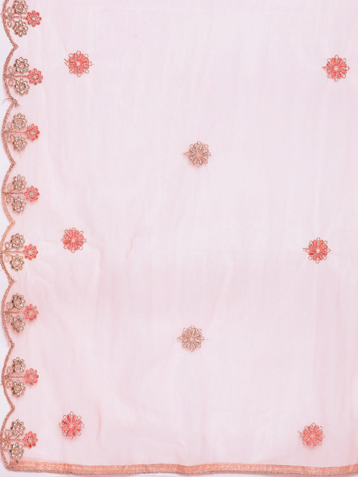 Pink Zari Embroidery Floor Length Net Gown Dupatta & Bell sleeves
