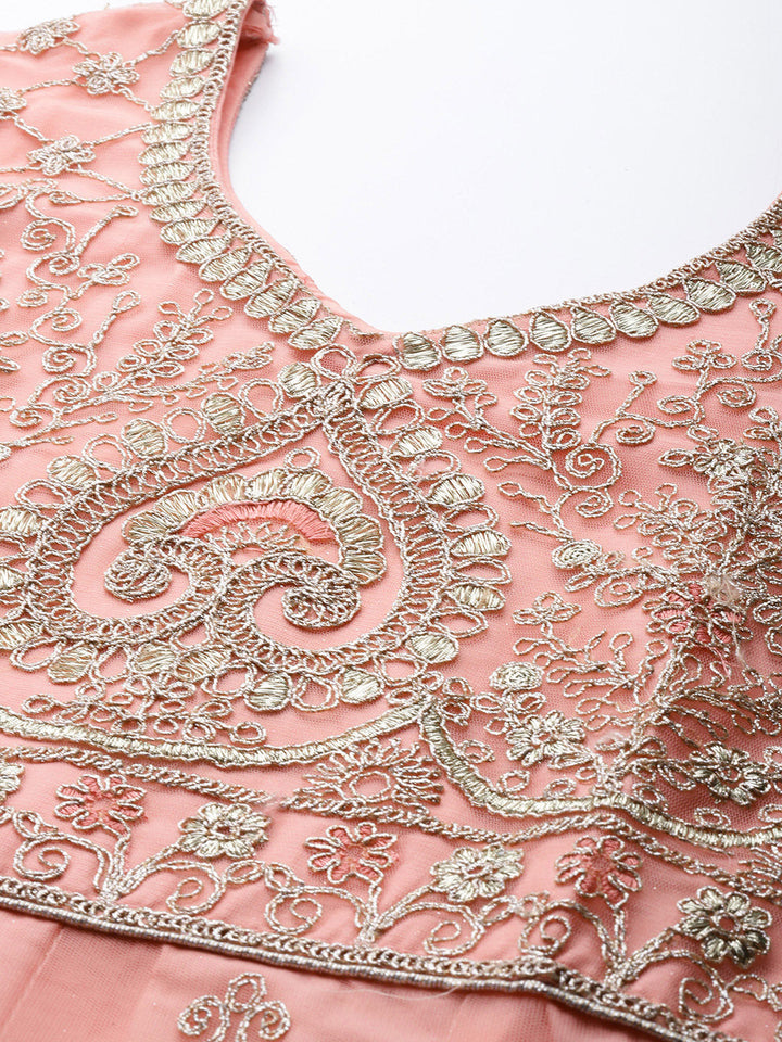 Pink Zari Embroidery Floor Length Net Gown Dupatta & Bell sleeves