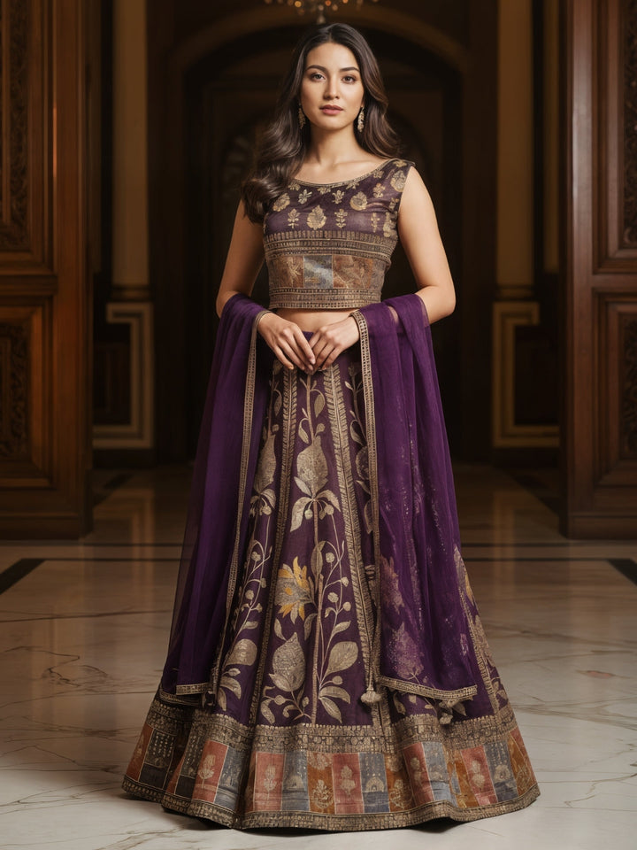 Zari Resham Floral Embroidered Lehenga Set on Tissue SIlk with Net Dupatta