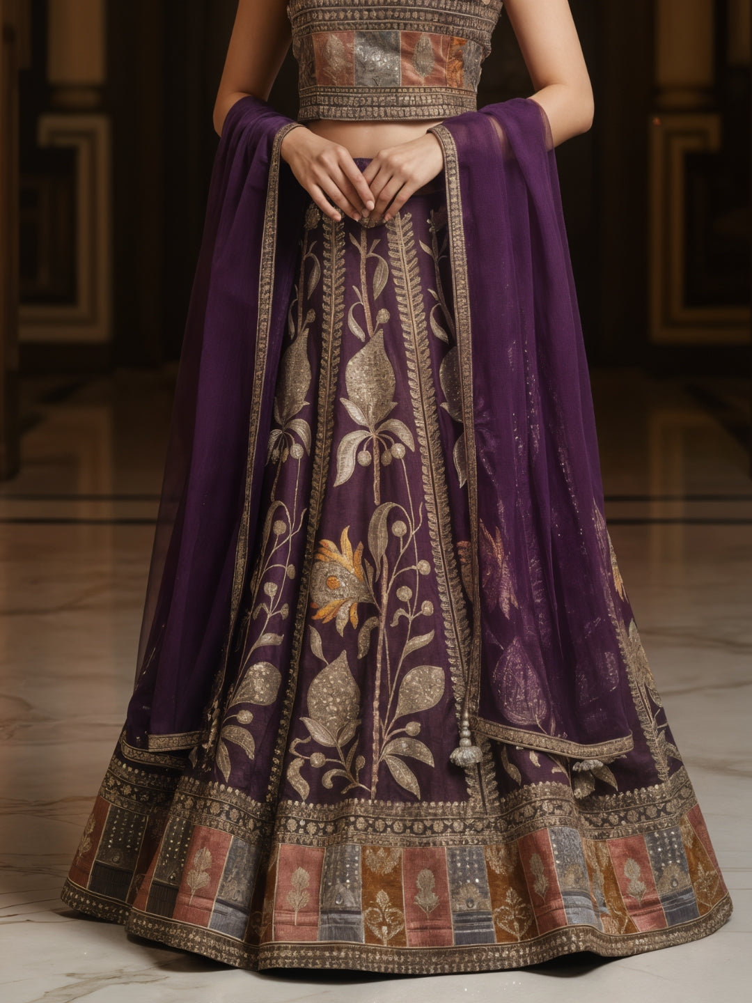 Zari Resham Floral Embroidered Lehenga Set on Tissue SIlk with Net Dupatta