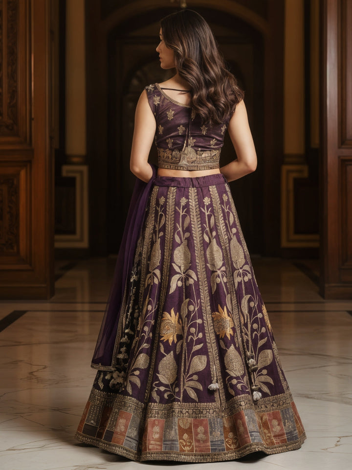 Zari Resham Floral Embroidered Lehenga Set on Tissue SIlk with Net Dupatta
