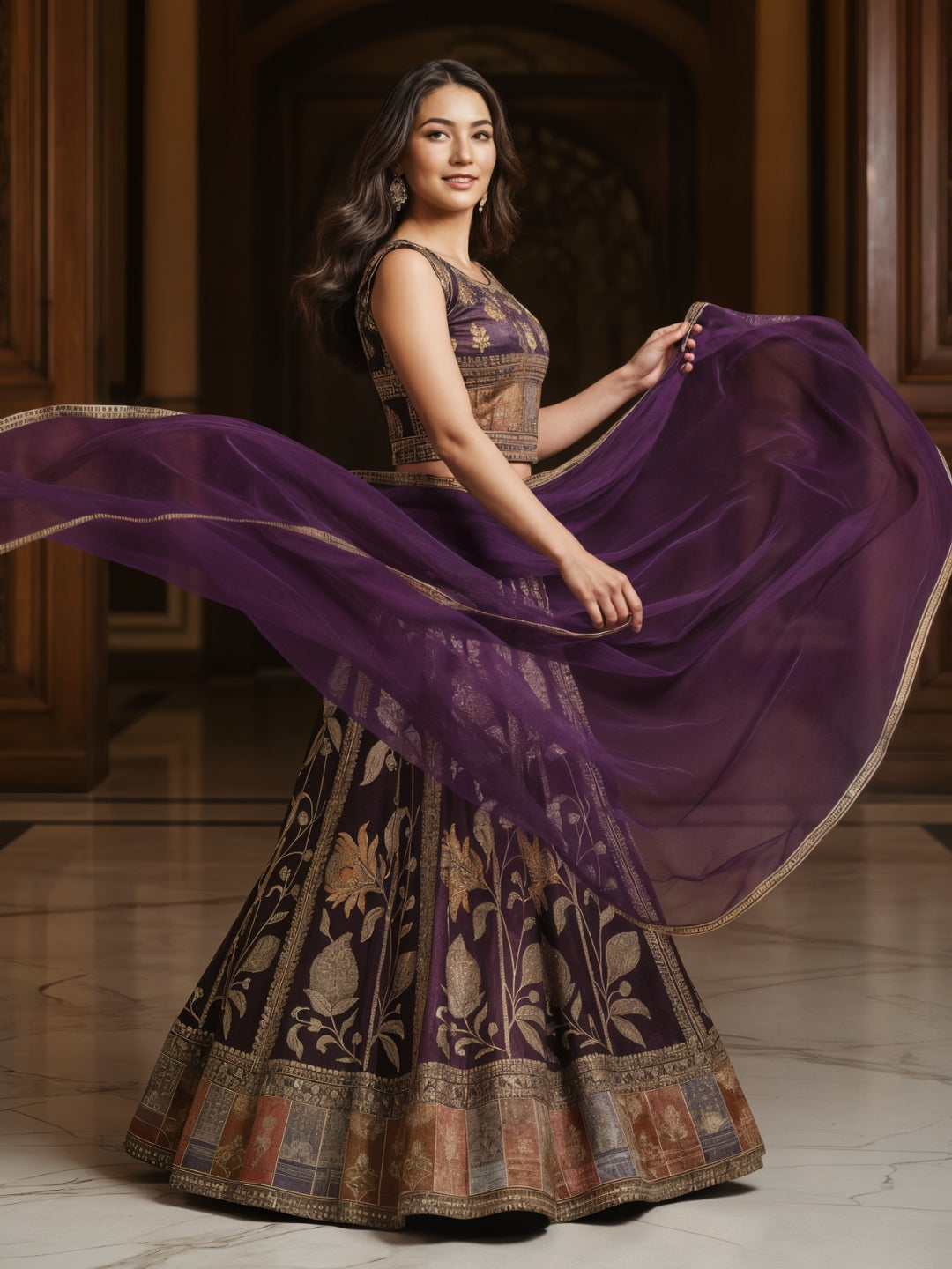 Zari Resham Floral Embroidered Lehenga Set on Tissue SIlk with Net Dupatta
