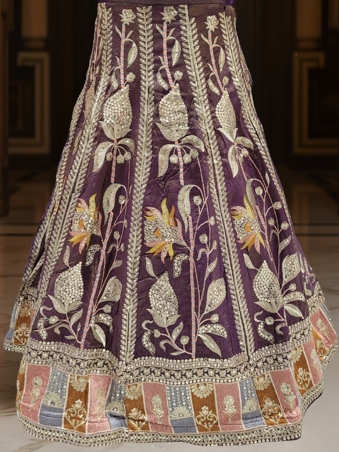 Zari Resham Floral Embroidered Lehenga Set on Tissue SIlk with Net Dupatta