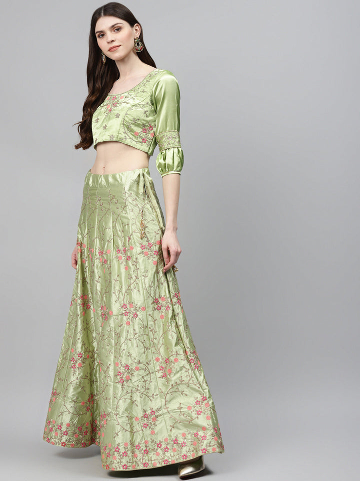 Pastel Semi-Stitched Lehenga Set with Zari & Resham Meenakari Floral Embroidery