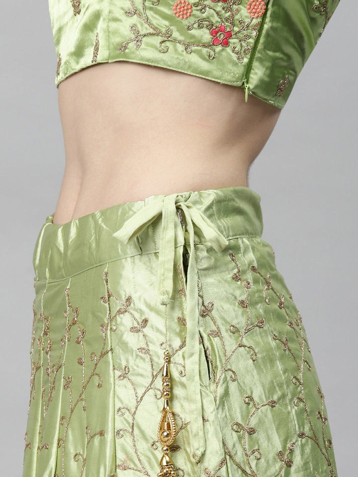 Pastel Semi-Stitched Lehenga Set with Zari & Resham Meenakari Floral Embroidery
