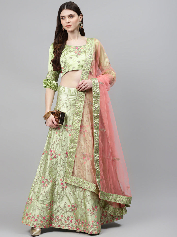 Pastel Semi-Stitched Lehenga Set with Zari & Resham Meenakari Floral Embroidery