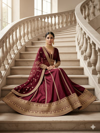 Maroon Crepe Cut-Out Blouse Lehenga with Crystal & Sequin Tassels & Laheriya Dupatta