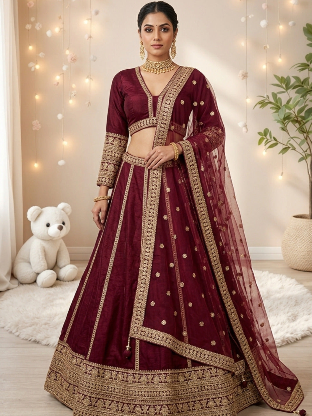 Maroon Crepe Cut-Out Blouse Lehenga with Crystal & Sequin Tassels & Laheriya Dupatta