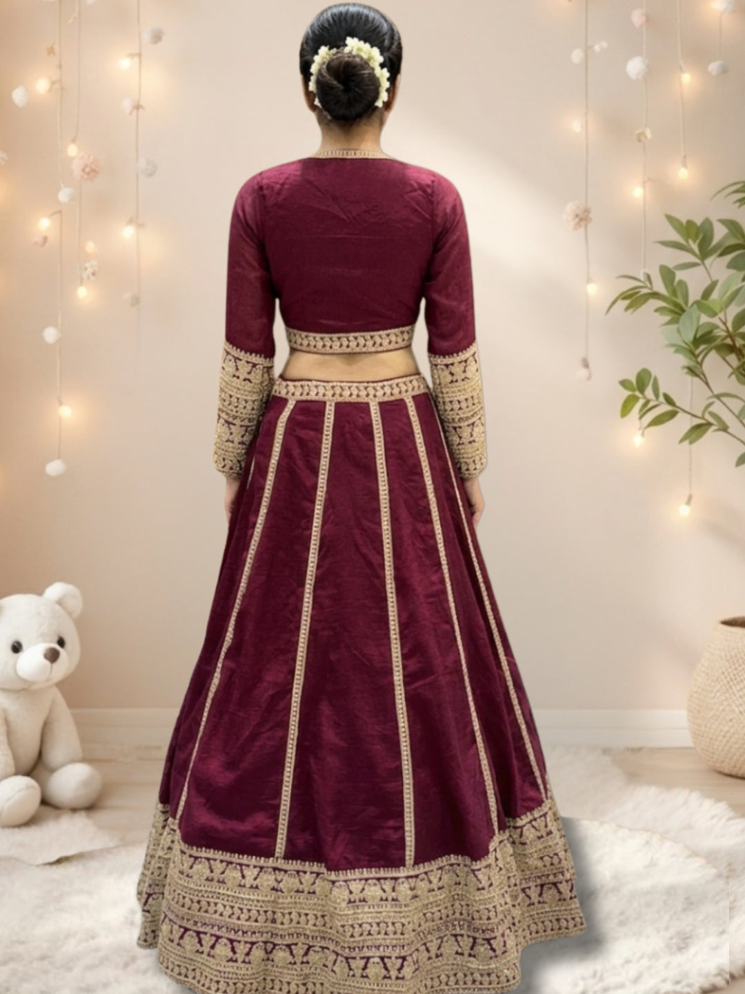 Maroon Crepe Cut-Out Blouse Lehenga with Crystal & Sequin Tassels & Laheriya Dupatta