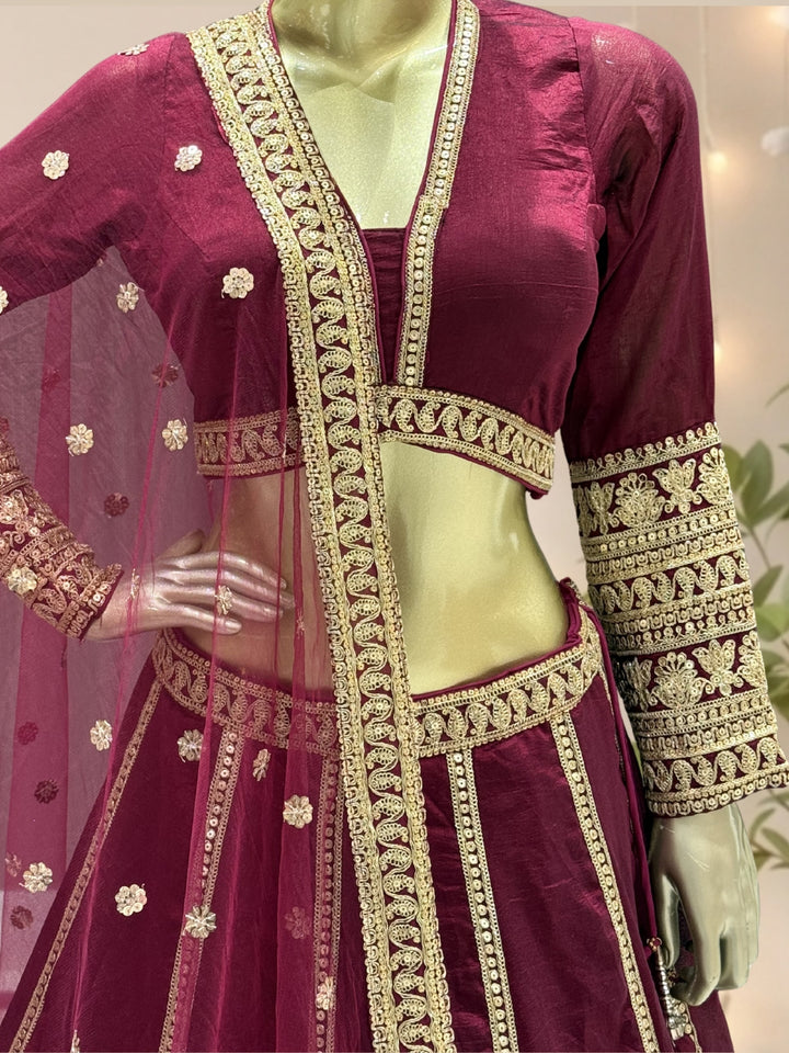 Maroon Crepe Cut-Out Blouse Lehenga with Crystal & Sequin Tassels & Laheriya Dupatta