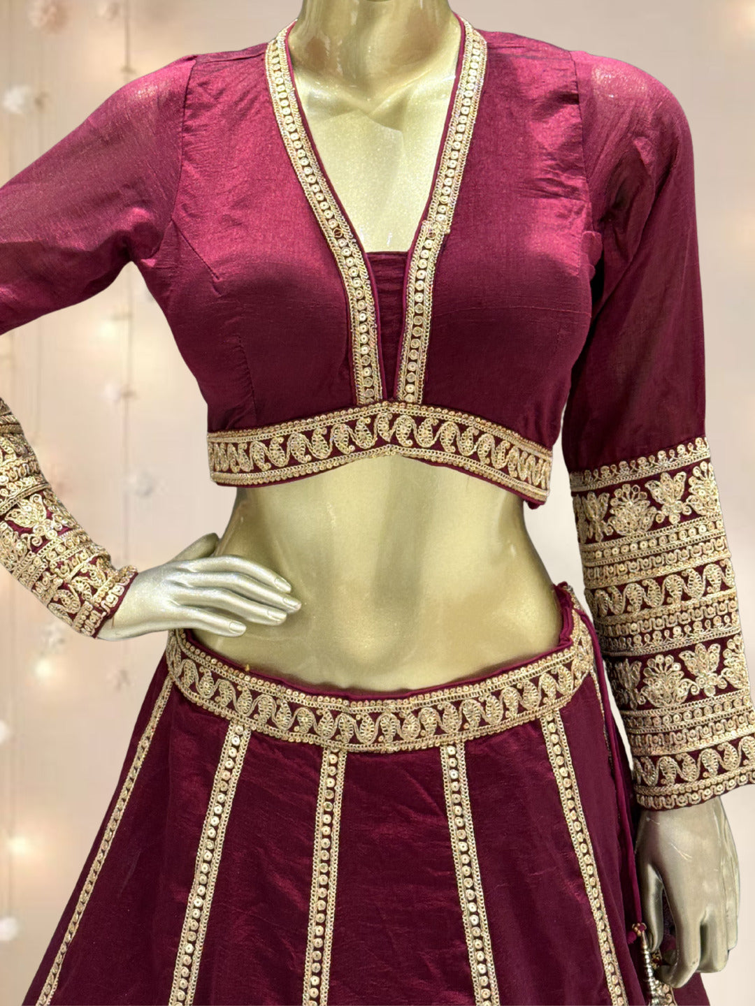 Maroon Crepe Cut-Out Blouse Lehenga with Crystal & Sequin Tassels & Laheriya Dupatta