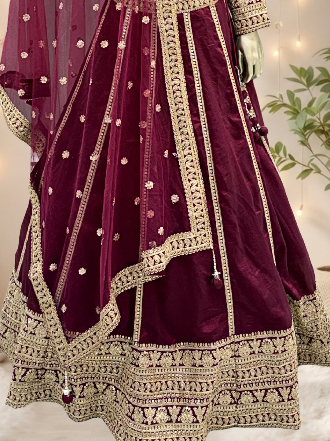 Maroon Crepe Cut-Out Blouse Lehenga with Crystal & Sequin Tassels & Laheriya Dupatta