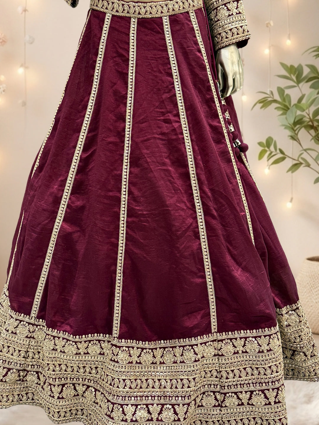 Maroon Crepe Cut-Out Blouse Lehenga with Crystal & Sequin Tassels & Laheriya Dupatta
