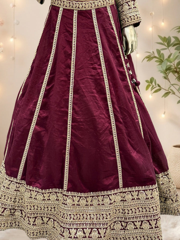 Maroon Crepe Cut-Out Blouse Lehenga with Crystal & Sequin Tassels & Laheriya Dupatta