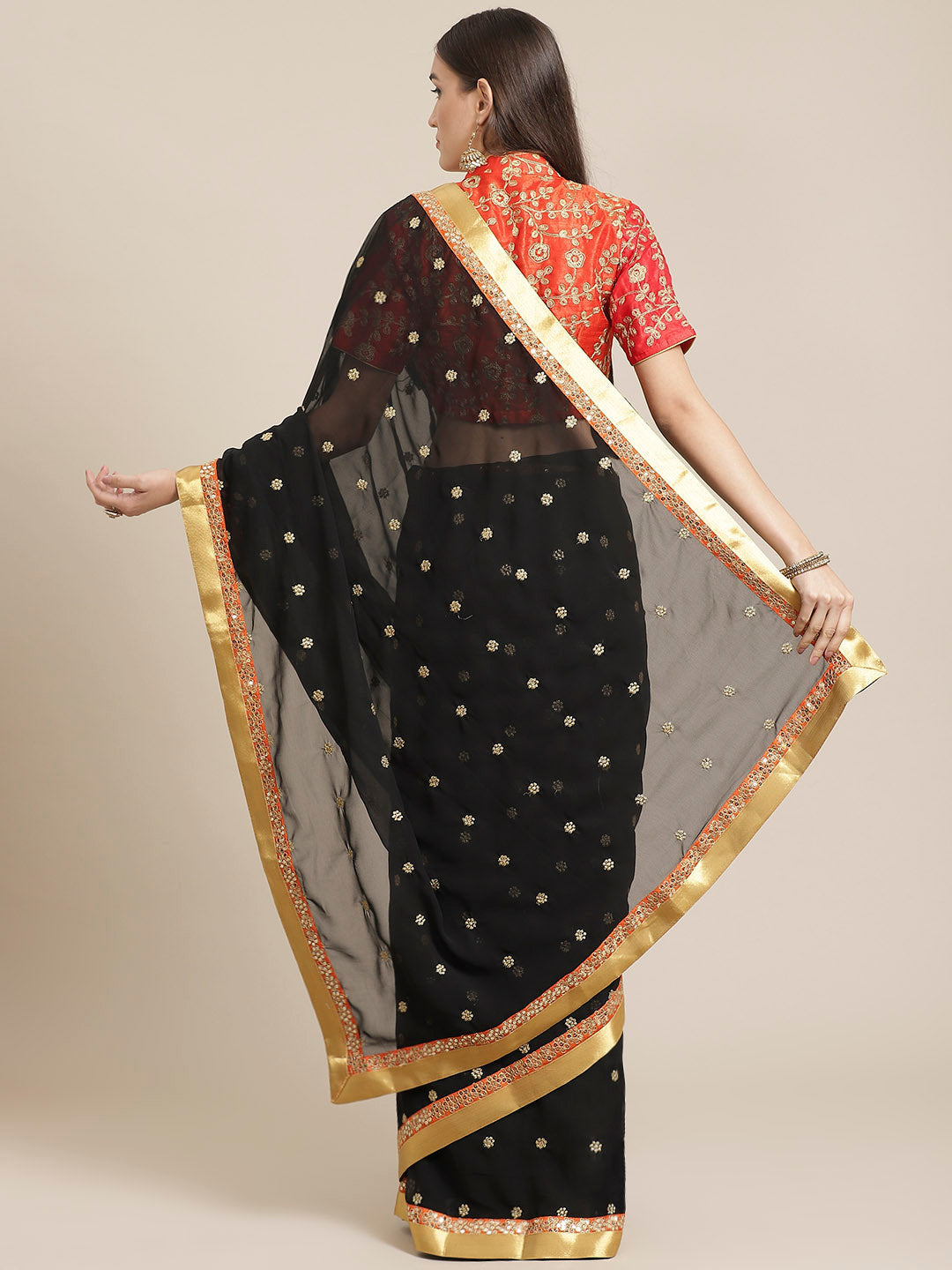 Black Georgette Embellished Saree With Sequence Border & Heavy Aari Embroidery Blouse