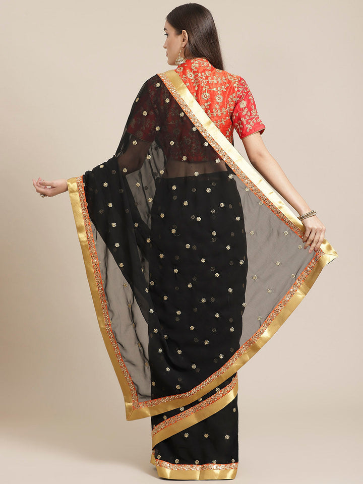 Black Georgette Embellished Saree With Sequence Border & Heavy Aari Embroidery Blouse