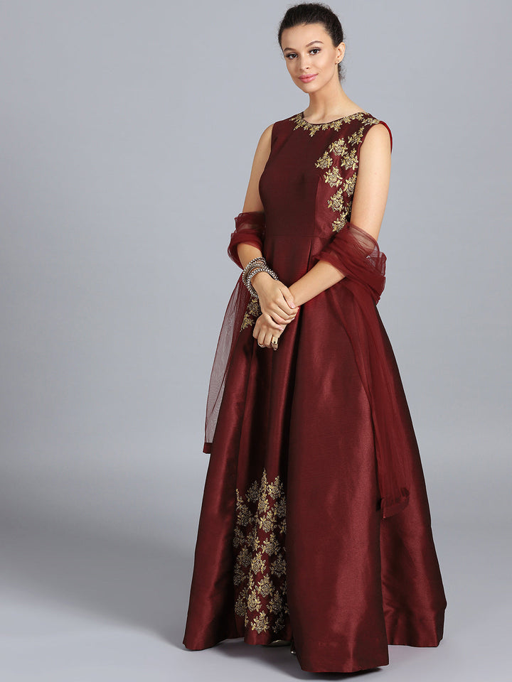 Raw Silk Zari Embroidered Gown With Net Dupatta