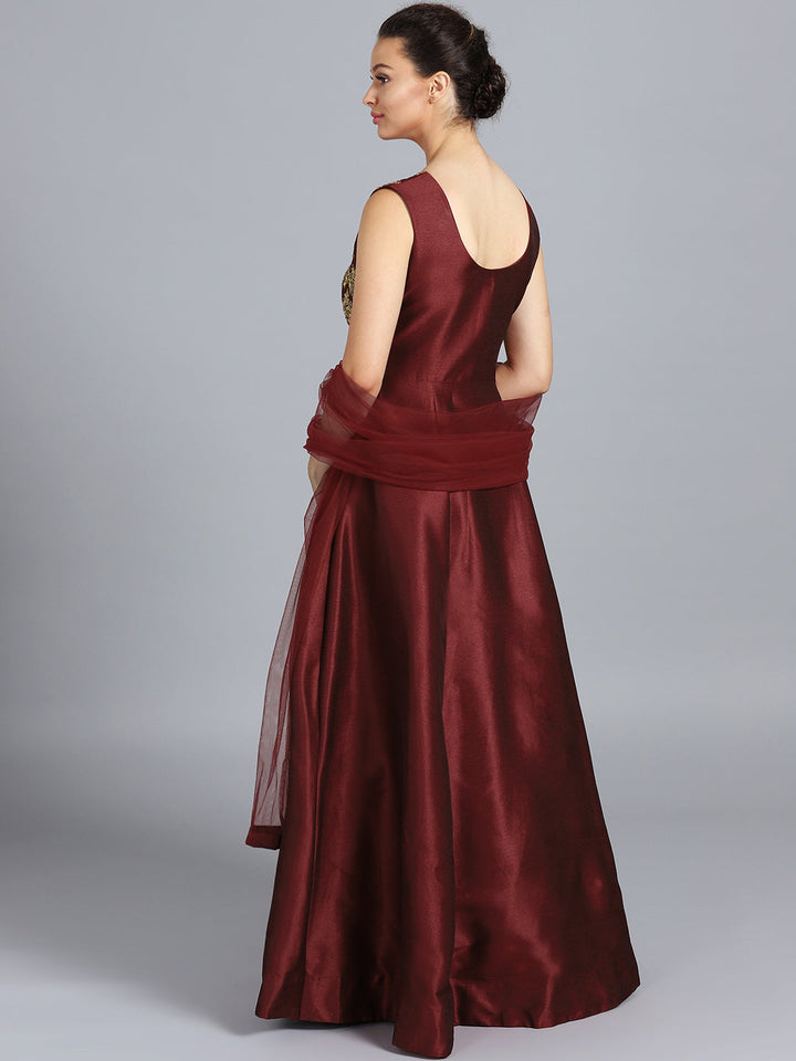 Raw Silk Zari Embroidered Gown With Net Dupatta