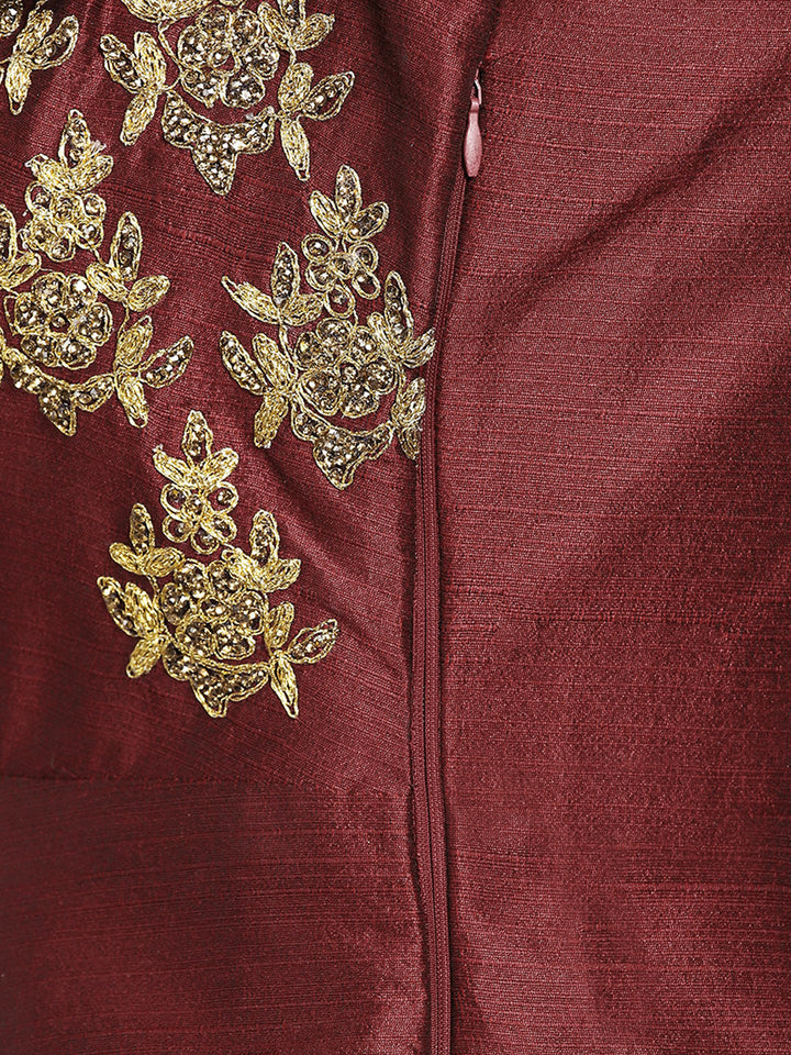 Raw Silk Zari Embroidered Gown With Net Dupatta
