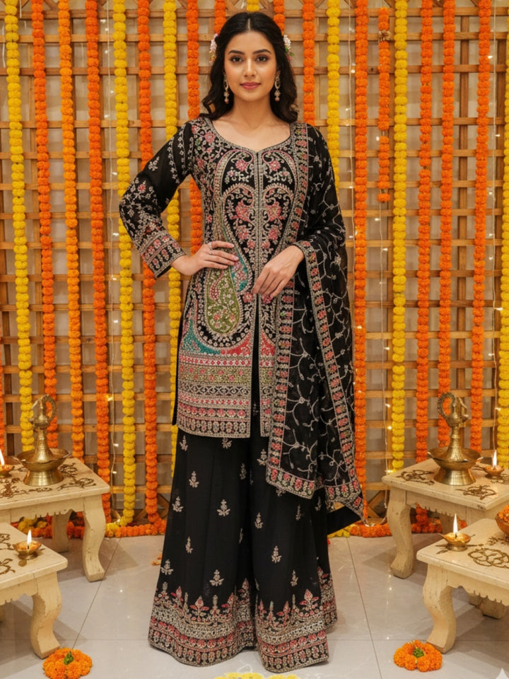 Dori Embroidered Kurta Palazzo Set with Multicolor Resham & Mirror Work & Jaal Dupatta