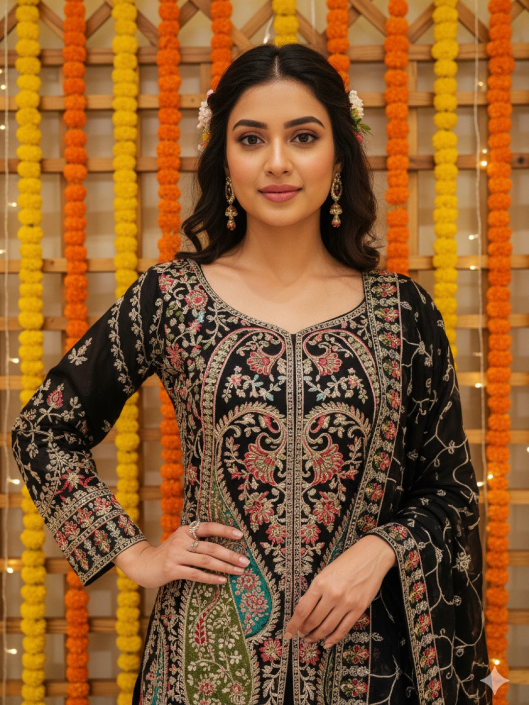 Dori Embroidered Kurta Palazzo Set with Multicolor Resham & Mirror Work & Jaal Dupatta