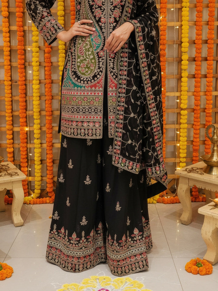 Dori Embroidered Kurta Palazzo Set with Multicolor Resham & Mirror Work & Jaal Dupatta