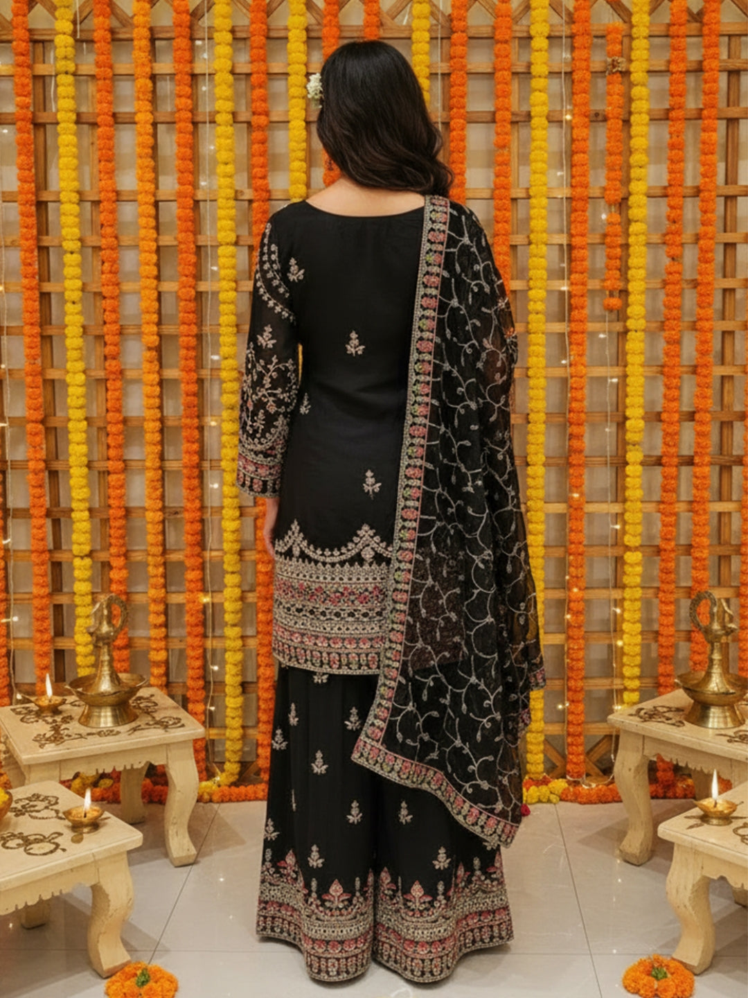 Dori Embroidered Kurta Palazzo Set with Multicolor Resham & Mirror Work & Jaal Dupatta