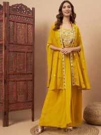 Chhabra 555 Tasseled Indo-western Co-ord Set with Pre-pleated Skirt and Resham Embroidered Cape